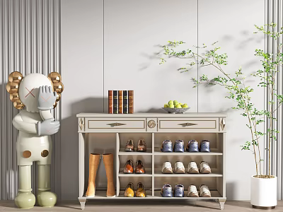 Modern White Shoe Cabinet Featuring Shoes Books Fruit Basket and Green Plant 3d model
