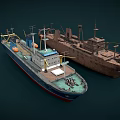 Modern Blue Cargo Ship And Rusty Brown Old Vessel With Deck Equipment Structures 3d model
