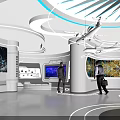 Contemporary Exhibition Booth Interior With White Curved Structure Blue Displays Shelves And Visitors