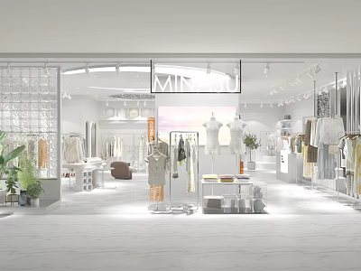 Minasu Modern Fashion Clothing Store With Mannequins Hanging Clothes And Green Plants 3d model