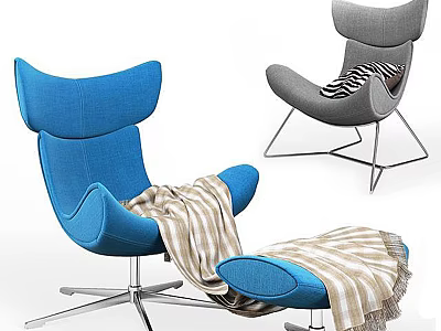 Modern Single Sofa In Blue And Grey With Striped Blanket Ottoman And Metal Frame 3d model