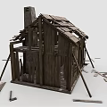Old Dilapidated Wooden House With Exposed Frame And Scattered Wooden Planks