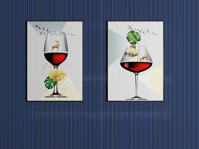 Two Wine Glass Artworks With Red Wine Deer And Leaves On Blue Striped Wall 3d model
