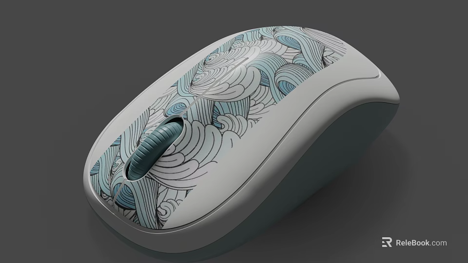 Stylish Artistic Computer Mouse With Blue White Wave Pattern On Sleek White Gray Body 3d model 