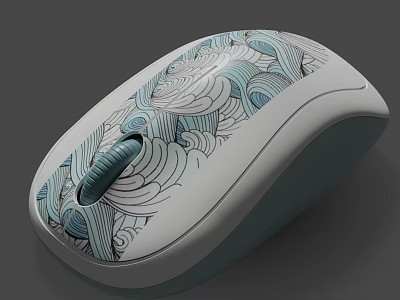 Stylish Artistic Computer Mouse With Blue White Wave Pattern On Sleek White Gray Body 3d model