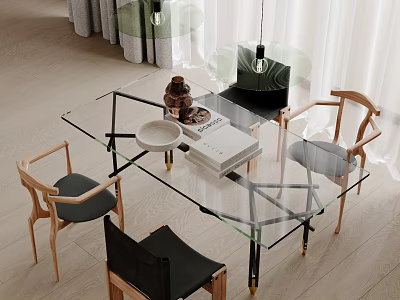 Modern Dining Table Set With Glass Top Black Metal Legs And Wooden Chairs Gray Cushions 3d model