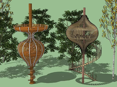 Wooden Treehouse Structure With Spiral Staircase And Netted Design Surrounded By Trees 3d model