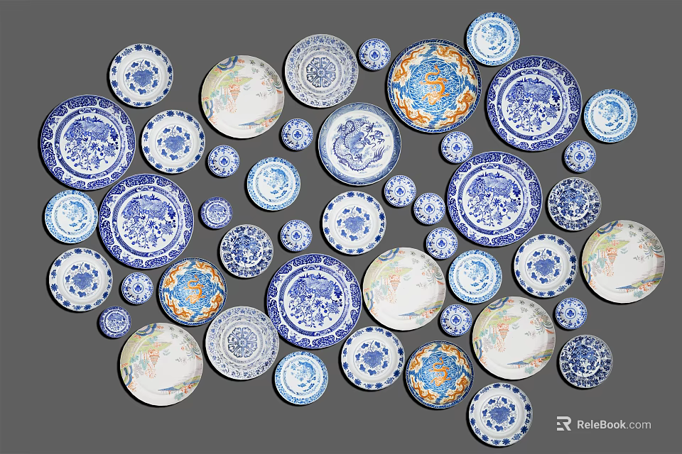 Artistic Blue and White Plate Decoration with Decorative Patterns and Wall Arrangement 3d model 
