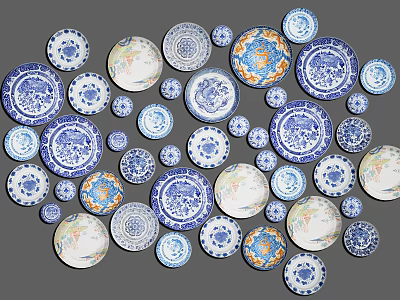 Artistic Blue and White Plate Decoration with Decorative Patterns and Wall Arrangement 3d model