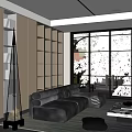 Modern Living Room Interior With Gray Sofa Glass Sliding Doors Outdoor View And Storage Cabinet
