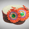 Traditional Handwoven Hat With Orange Flower Decorations Green Sequin Centers And Red Black Geometric Patterns
