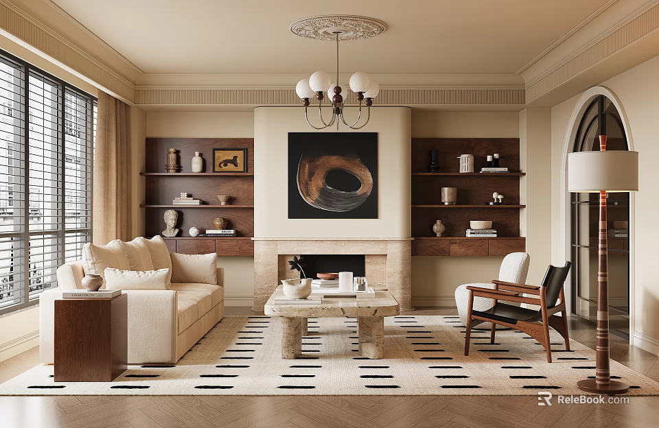 Warm Classic Living Room Interior With Beige Sofa Fireplace Bookshelves And Chandelier 3d model 