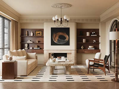 Warm Classic Living Room Interior With Beige Sofa Fireplace Bookshelves And Chandelier 3d model