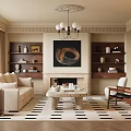Warm Classic Living Room Interior With Beige Sofa Fireplace Bookshelves And Chandelier