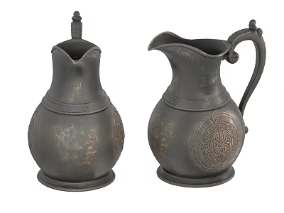 Two Antique Style Ceramic Pitchers with Intricate Carved Patterns and Decorative Handles 3d model