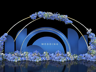 Wedding Floral Installation With Blue White Flowers And Decorative Arch Design 3d model
