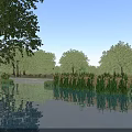 Serene Natural Landscape With Calm Reflective Lake Lush Green Trees And Bright Blue Sky