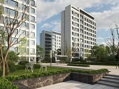 Modern Residential Buildings with Lush Greenery Lawns Trees and Deer Sculptures 3d model