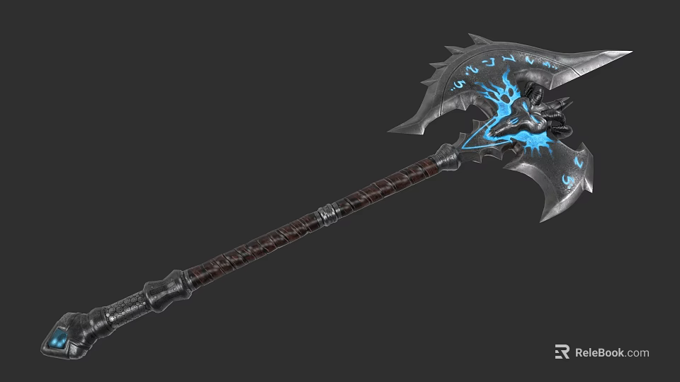 Mythical Battle Axe Weapon With Blue Glowing Ornate Metallic Design 3d model 