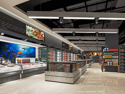 Modern Supermarket Interior With Spacious Aisles Fresh Food Products And Grocery Shelves 3d model