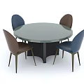 Modern Round Dining Table Set With Gray Tabletop Black Legs And Blue Brown Chairs 3d model
