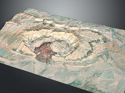 Circular Terrain 3D Model With Textured Surface And Colored Green Brown Red Regions 3d model