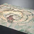 Circular Terrain 3D Model With Textured Surface And Colored Green Brown Red Regions 3d model