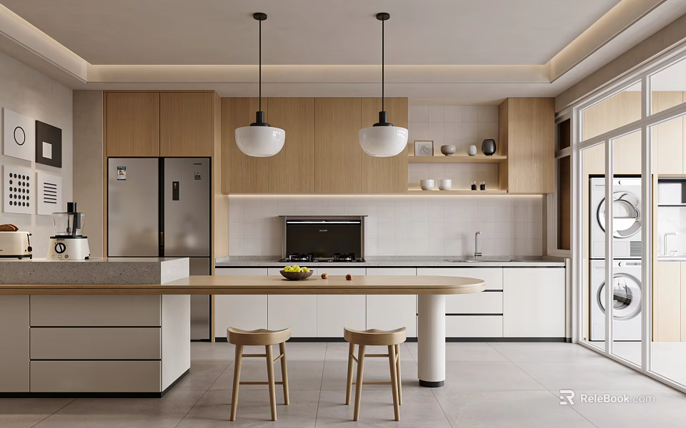 Modern Kitchen Interior Design With Wooden Cabinets Island Countertop Stainless Steel Fridge And Pendant Lights 3d model 