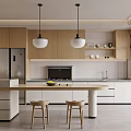 Modern Kitchen Interior Design With Wooden Cabinets Island Countertop Stainless Steel Fridge And Pendant Lights