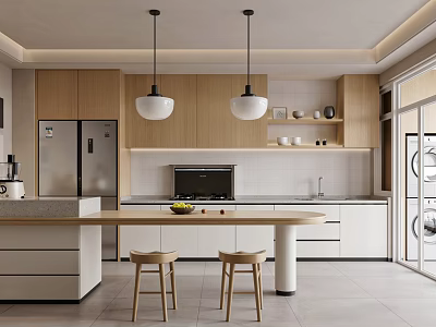 Modern Kitchen Interior Design With Wooden Cabinets Island Countertop Stainless Steel Fridge And Pendant Lights 3d model