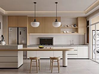 Log Kitchen Open Kitchen Dining Room Chandelier Island Table Juicer Bread Machine Refrigerator Integrated Stove 3d model