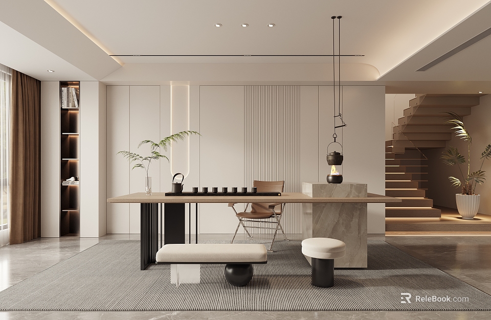 Tea Room Interior Design with Long Wooden Table Chairs Hanging Lamp Staircase and Plant 3d model 