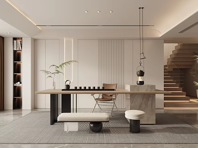 Tea Room Interior Design with Long Wooden Table Chairs Hanging Lamp Staircase and Plant 3d model