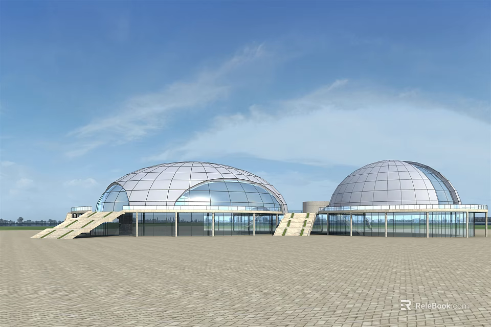 Two Hemispherical Buildings With Glass Metal Structure Under Blue Sky Open Square 3d model 