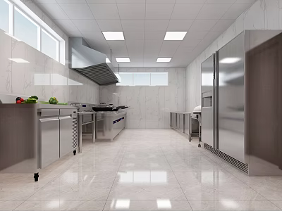 Commercial Kitchen Interior With Stainless Steel Appliances Marble Walls And Ceiling Lighting Fixtures 3d model