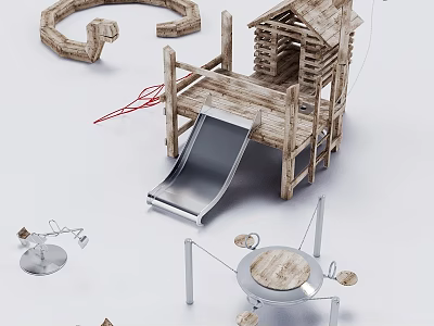 Outdoor Garden Ornaments Featuring Wooden Playhouse Metal Slide Swing and Circular Decorations 3d model