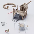Outdoor Garden Ornaments Featuring Wooden Playhouse Metal Slide Swing and Circular Decorations