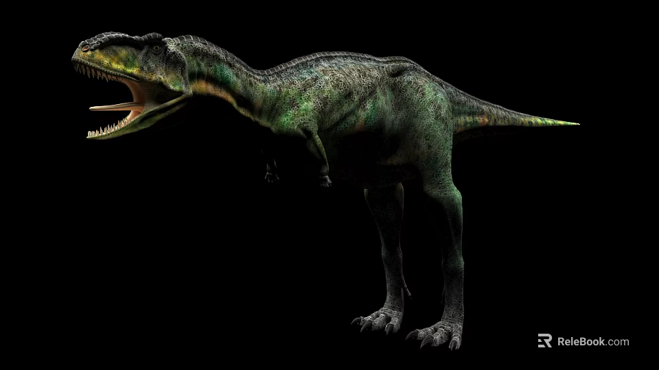 Reptile Dinosaur With Green Skin Open Mouth In Black Background Standing Posture 3d model 