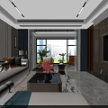 Modern Living And Dining Room Interior With Sofa TV Wall Marble Floor And Plants