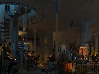 Eclectic Indoor Scene With Spiral Staircase Hanging Lamps Warm Lighting And Decorative Artifacts 3d model