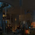 Eclectic Indoor Scene With Spiral Staircase Hanging Lamps Warm Lighting And Decorative Artifacts