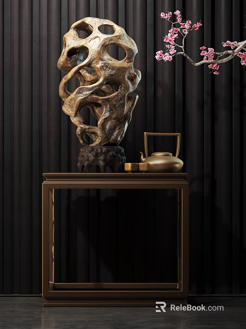 Elegant Decorative Ornament Set With Wooden Sculpture And Bronze Teapot On Stand 3d model 