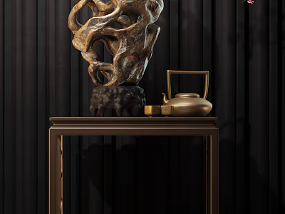 Elegant Decorative Ornament Set With Wooden Sculpture And Bronze Teapot On Stand 3d model