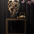 Elegant Decorative Ornament Set With Wooden Sculpture And Bronze Teapot On Stand