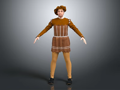 Man In Historical Brown Outfit With Striped Apron And Classic Hat Standing 3d model