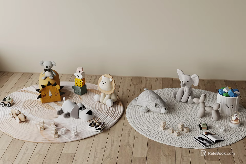 Cute Animal Plush Toys Including Lion Elephant Bear Dog Arranged On Rugs With Wooden Floor 3d model 