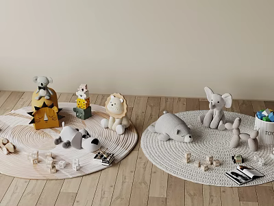Cute Animal Plush Toys Including Lion Elephant Bear Dog Arranged On Rugs With Wooden Floor 3d model