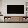 Modern Wooden TV Stand With Rattan Doors And TV Above Potted Plant And Wall Shelves