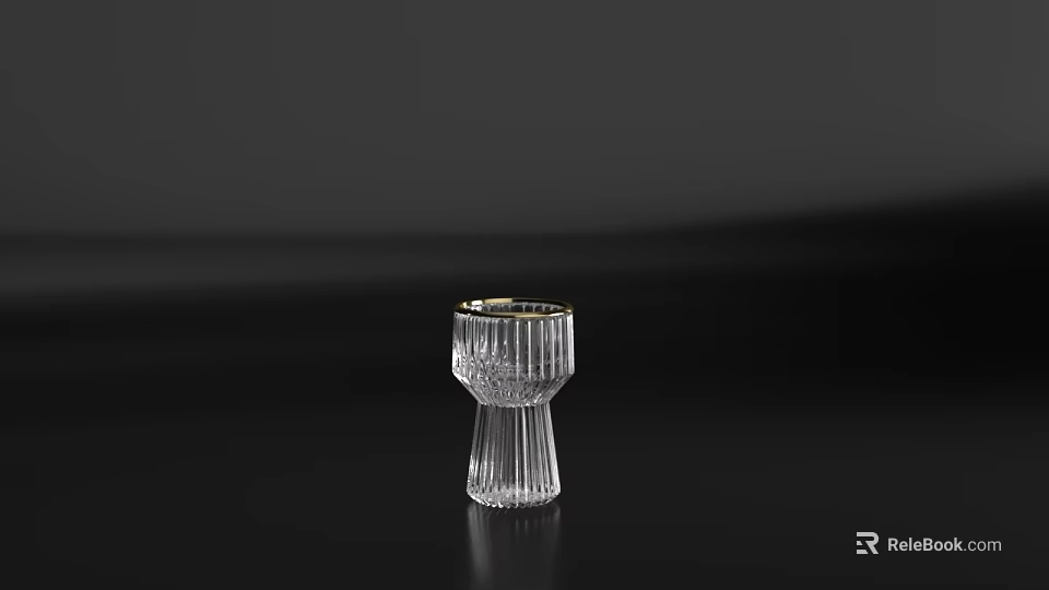 Transparent Wine Bottle And Gold Rimmed Wine Glass With Vertical Stripes On Black Surface 3d model 