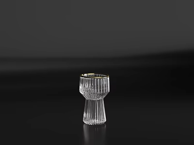 Transparent Wine Bottle And Gold Rimmed Wine Glass With Vertical Stripes On Black Surface 3d model